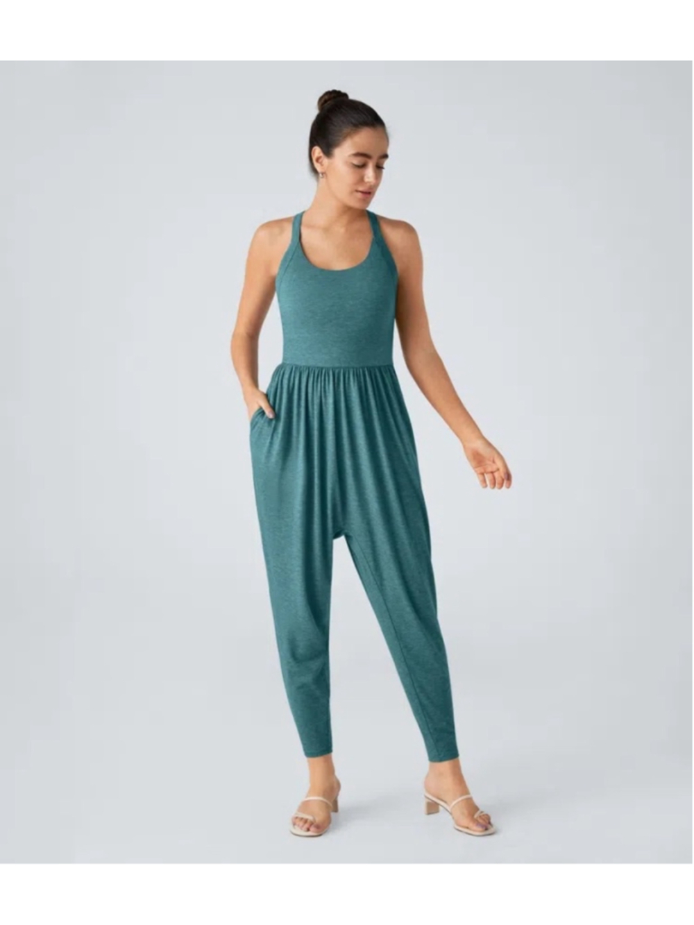 NWT Halara U-Neck Cutout Back Harem Jumpsuit Teal Blue Pockets Large Athletic